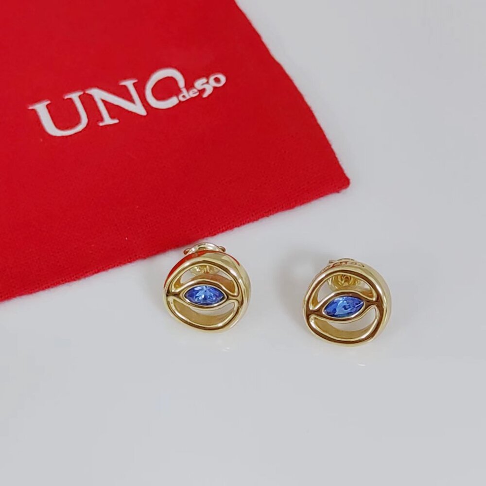 Uno de 50 PIERCING LEAKY Earring Eye-shaped Stud Earring with Blue Crystal Gold